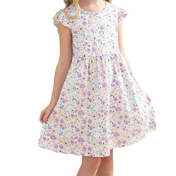 Elainilye Fashion Girls Dresses Summer Thin New Style Floral Dress Short-sleeved Princess Dress, Sizes 2-10 Years