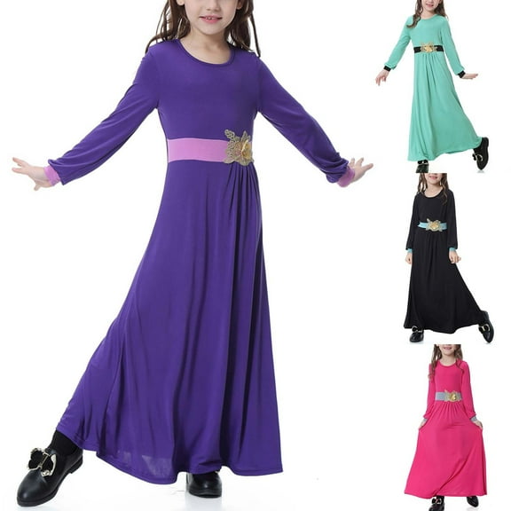 Elainilye Fashion Girls Muslim Long Dress Medium Big Girls Long Sleeve V Neck Colorblock Dress, Sizes 8-17Y,Pink
