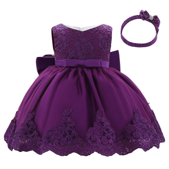 Elainilye Fashion Girls Princess Dress Embroidery Rhinestone Bowknot Formal Dresses for Birthday Party Gown Headband Suit, Sizes 0-24M,Purple