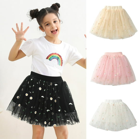 Elainilye Fashion Girls Tutu Skirt Cute Party Dance Dress Net Yarn Crimping Daisy Embroidery Tulle Skirt, Sizes 2-7Y,Pink