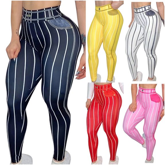Elainilye Fashion High Waist Yoga Pants Tight and Versatile Imitation Denim Line Printed Yoga Pants Workout Leggings,Blue
