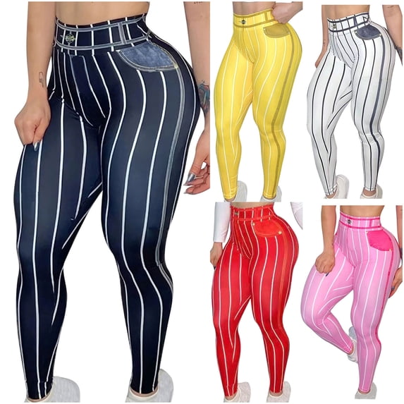 Elainilye Fashion High Waist Yoga Pants Tight and Versatile Imitation Denim Line Printed Yoga Pants Workout Leggings,Pink