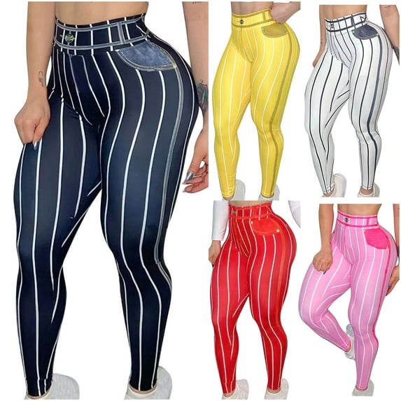 Elainilye Fashion High Waist Yoga Pants Tight and Versatile Imitation Denim Line Printed Yoga Pants Workout Leggings,White
