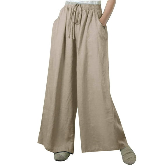 Elainilye Fashion High Waisted Wide Leg Pants for Women Summer Solid Casual Elastic Waist Long Pants Loungewear,Brown