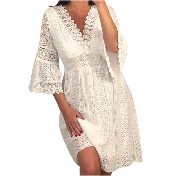 Elainilye Fashion Holiday Dresses for Women V-Neck Backless Lace Skirt Sleeveless Casual Summer Holiday Flowy Dress,Beige