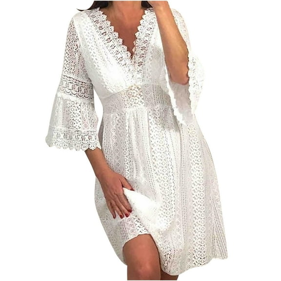 Elainilye Fashion Holiday Dresses for Women V-Neck Backless Lace Skirt Sleeveless Casual Summer Holiday Flowy Dress,White