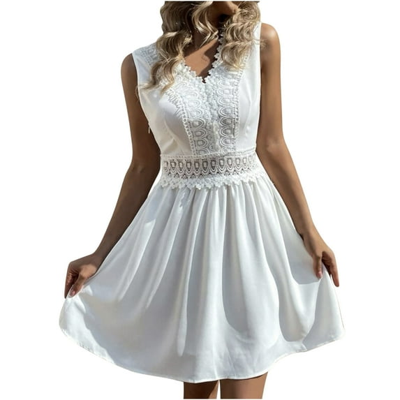 Elainilye Fashion Holiday Dresses for Women V-Neck Backless Lace Skirt Sleeveless Casual Summer Holiday Flowy Dress,White