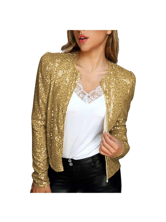 Fashion Jackets For Women Open Front Sequin Jacket Long Sleeve Top Short Blazer Casual Coat Tops,Gold