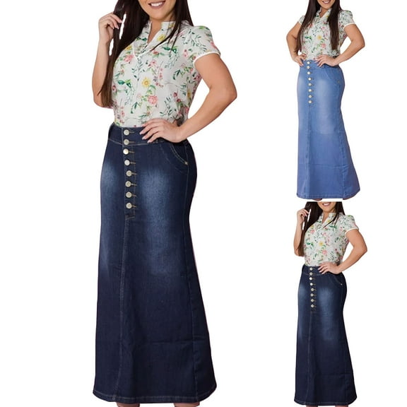 Elainilye Fashion Jean Skirt Casual Front Button Washed Denim A-Line Skirts Long Jean Skirt,Blue