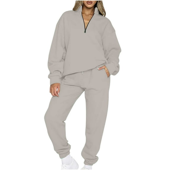 Elainilye Fashion Jogging Suits for Women 2 Piece Sweatsuits Casual Solid Color Zipper Lapel Sweatshirt Top and Pants Set,Gray