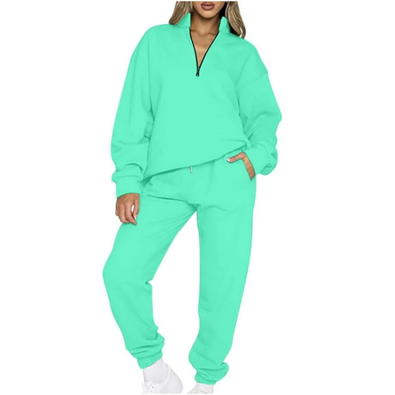Elainilye Fashion Jogging Suits for Women 2 Piece Sweatsuits Casual Solid Color Zipper Lapel Sweatshirt Top and Pants Set,Green