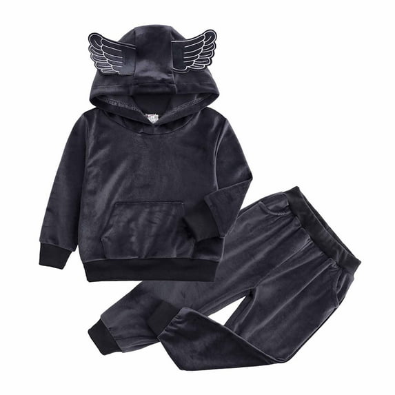 Elainilye Fashion Kids Girls Winter Sweatsuit Golden Velvet Wing Hooded Pullover Sweatshirt Long Sleeve Top Casual Pants Suit,Gray