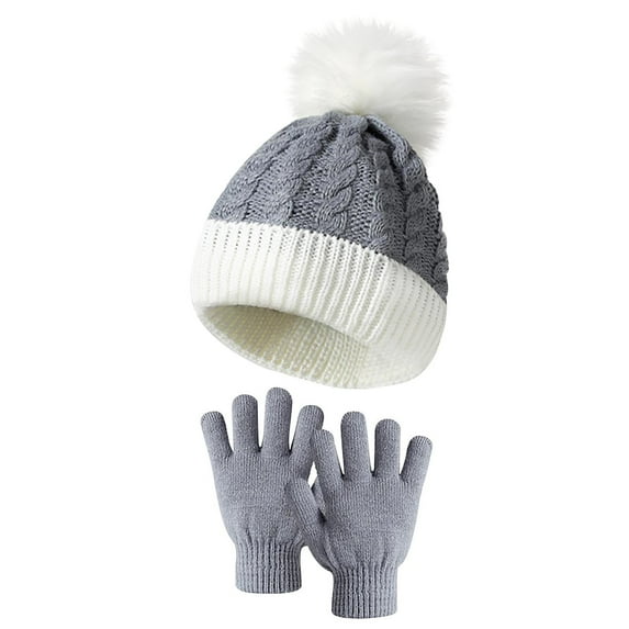 Elainilye Fashion Kids Winter Beanie Hat Gloves Set Toddler Knitted Bowler Pompon Hat And Knitted Gloves Sets For Girls Boys,Gray