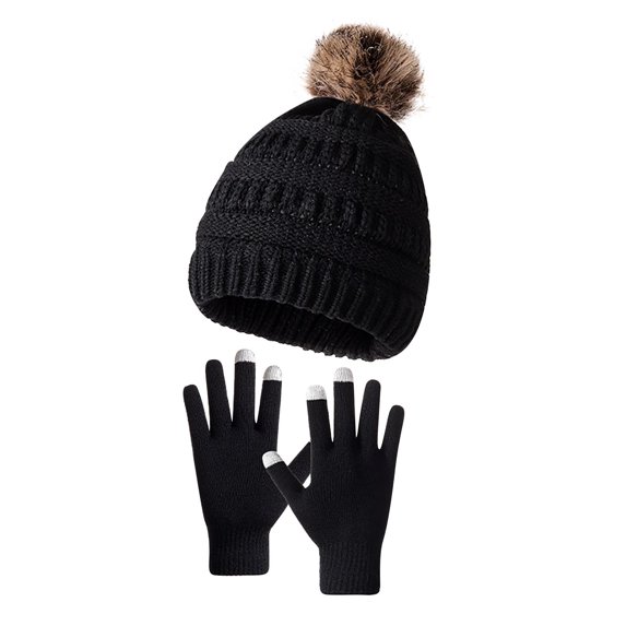 Elainilye Fashion Kids Winter Beanie Hat Gloves Sets For 5-11 Years Old Boys Girls Knit Thick Warm Thermal Sets,Black