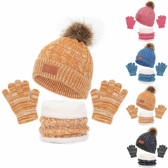 Elainilye Fashion Kids Winter Beanie Scarf Gloves Set Pom Pom Hat with Warm Fleece Lined Scarf Knit Gloves Set for Girls Boys,Black
