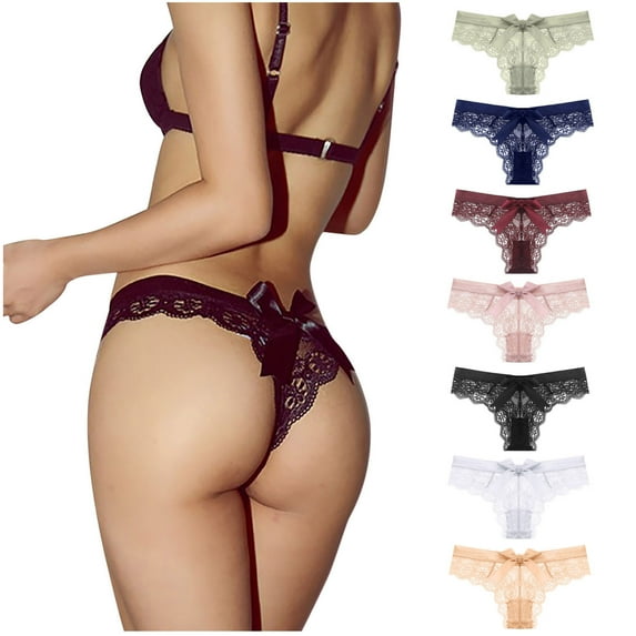 Elainilye Fashion Lace Panties for Women Sexy Lace Flower Transparent Gauze Bow Low Waist G-string Pants Thong Panties,Red