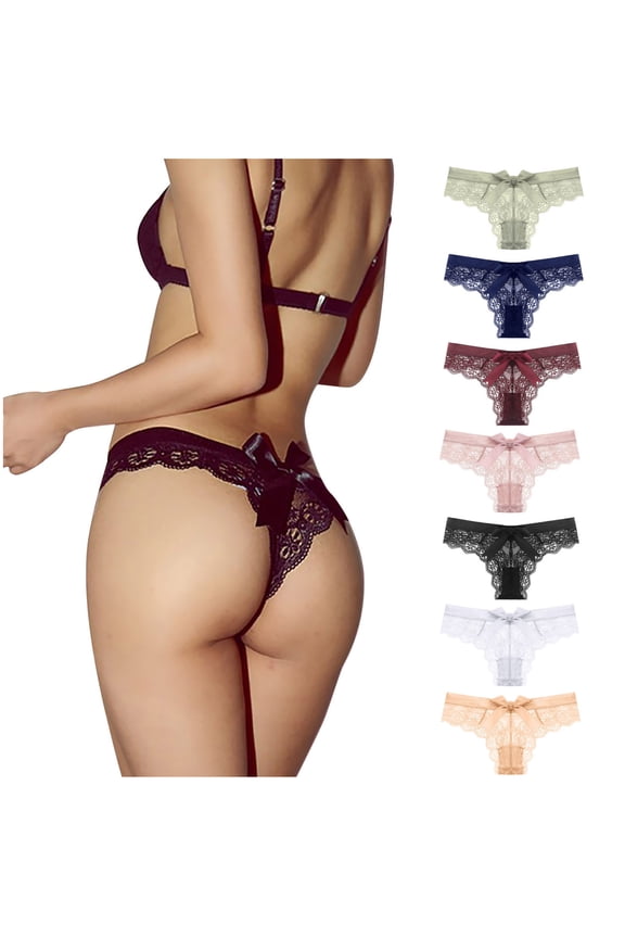 Fashion Lace Panties for Women Sexy Lace Flower Transparent Gauze Bow Low Waist G-string Pants Thong Panties,Red