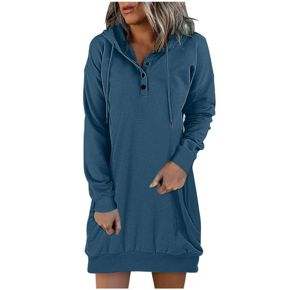 Elainilye Fashion Ladies Dresses Autumn And Winter Long Sleeve Dress For Hooded Solid Casual Dress,Blue