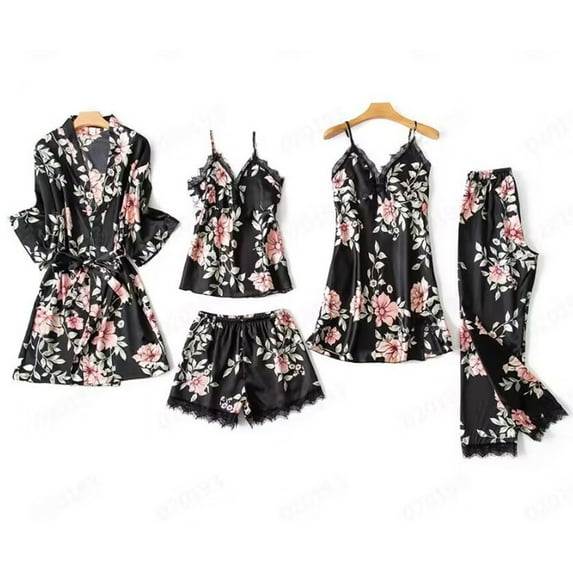 Elainilye Fashion Ladies Pajamas Loungewear Short Sleeve PJ Sets Casual Short Pajamas Homewear Five-Piece Pajamas Set,Black