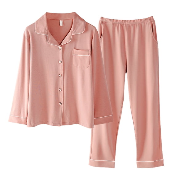 Elainilye Fashion Ladies Pajamas Sets 2 Piece Casual Single Pocket Solid Long Sleeves Sleepwear Tops and Pants Pajama Set,Pink