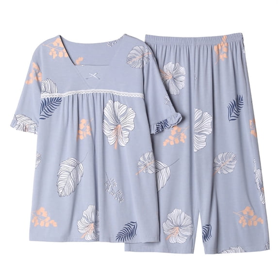 Elainilye Fashion Ladies Pajamas Sets Summer Two Piece Set Short Sleeve Round Neck Pajama Set Printed Tops Pants Set,White