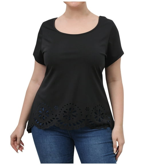 Elainilye Fashion Ladies Shirts Plus Size Tops Large Solid Color Short Sleeve Round Neck Shirt Tops Basic Tees,Black