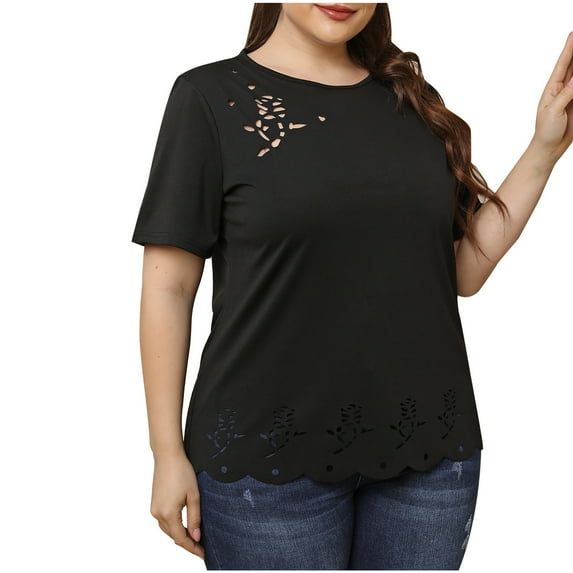 Elainilye Fashion Ladies Shirts Plus Size Tops Large Solid Color Short Sleeve Round Neck Shirt Tops Basic Tees,Black