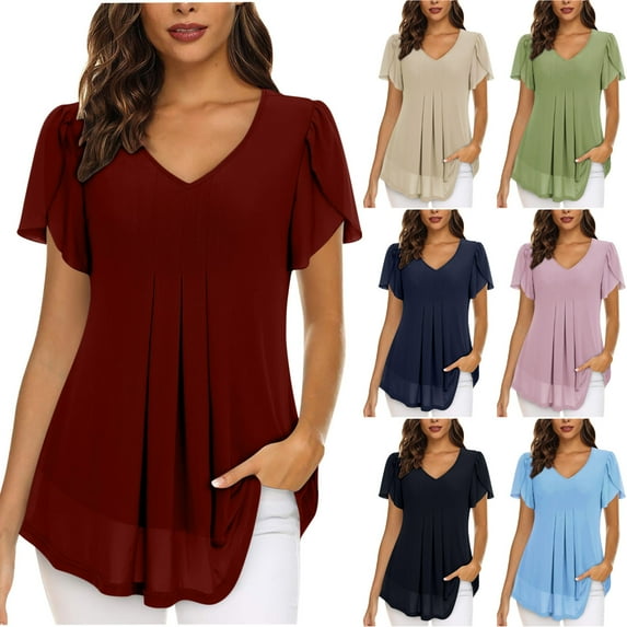 Elainilye Fashion Ladies Tops Chiffon Solid Color Casual V-Neck Short Sleeve T-shirt Tops,Red