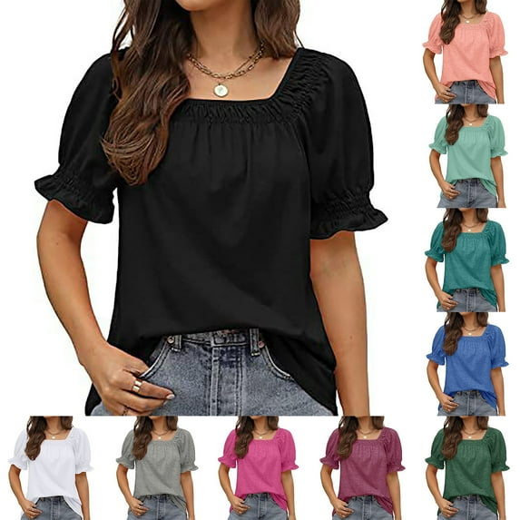 Elainilye Fashion Ladies Tops and Blouses Casual Solid Color Square Neck Short Sleeve Tops Blouses,Purple