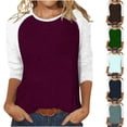 thumbnail image 1 of Elainilye Fashion Ladies Tops and Blouses Patchwork Color Block Print Loose T-shirt 3/4 Sleeves Blouse Round Neck Casual Tops,Brown, 1 of 6