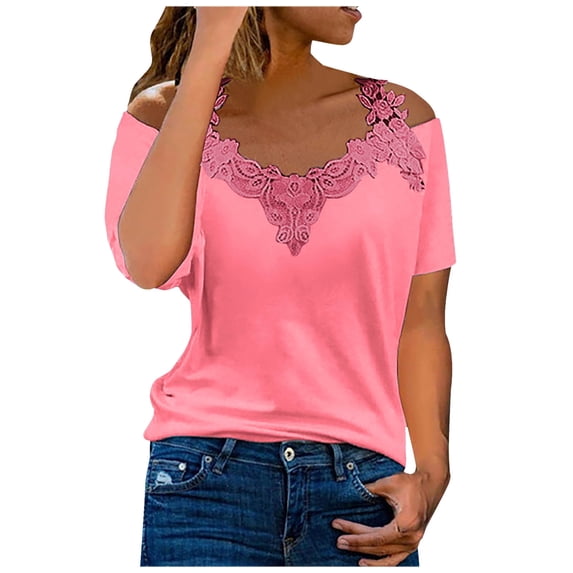 Elainilye Fashion Ladies Tops and Blouses Plus Size Summer V-Neck Casual Lace Patchwork Solid Caims Blouse Top,Pink