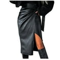 thumbnail image 1 of Elainilye Fashion Leather Skirt High Waisted Casual Solid Zipper Slit Buttocks Knee-High Skirt,Black, 1 of 6