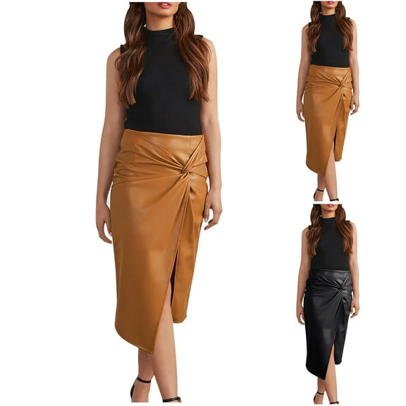 Elainilye Fashion Leather Skirt High Waisted Casual Solid Zipper Slit Buttocks Knee-High Skirt,Black