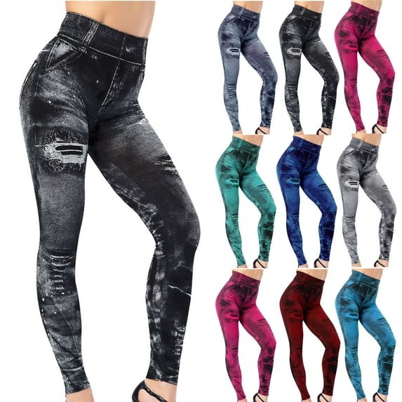 Elainilye Fashion Leggings for Women Casual Imitation Denim Printed Leggings Elastic Slim Fit Gym Leggings Trousers,Blue