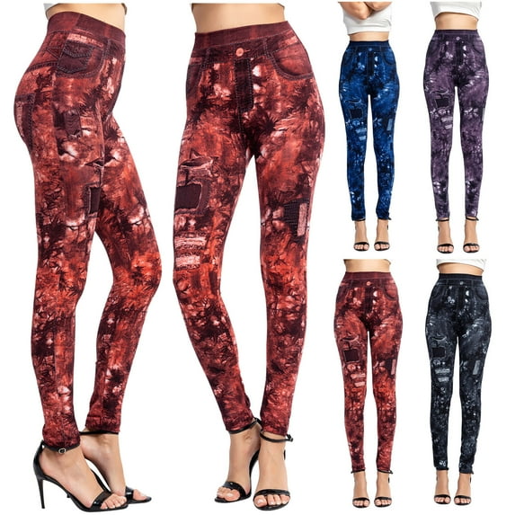 Elainilye Fashion Leggings for Women Casual Imitation Denim Printed Leggings Elastic Slim Fit Gym Leggings Trousers,Purple