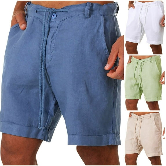 Elainilye Fashion Linen Shorts for Men Cotton and Linen Shorts Lanyard Casual Pants Capris Shorts Pants,White