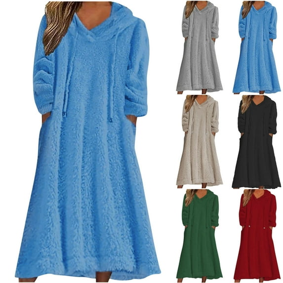 Elainilye Fashion Long Dresses for Women Casual Loose Round Neck Hooded Long Sleeve Comfy Dresses with Pockets,Brown
