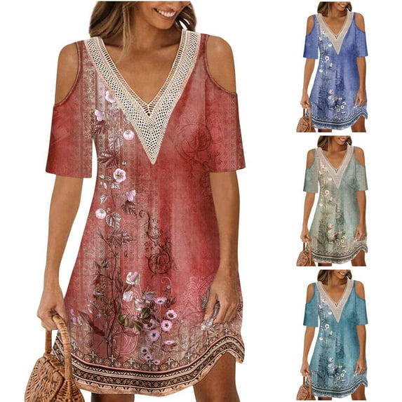 Elainilye Fashion Long Dresses for Women Casual V-Neck Printing Summer Short Sleeve Dress with Pockets,Blue