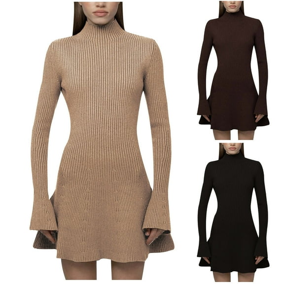 Elainilye Fashion Long Dresses for Women Sexy Casual V-Neck Solid Long Sleeve Hollow Out Mini Dress Knee Length Dress,Brown