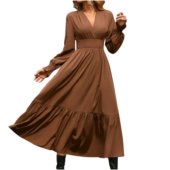 Elainilye Fashion Long Dresses for Women Solid Color Long Sleeve V-neck Dress Fallow Commuting Dresses Vacation Dress,Brown
