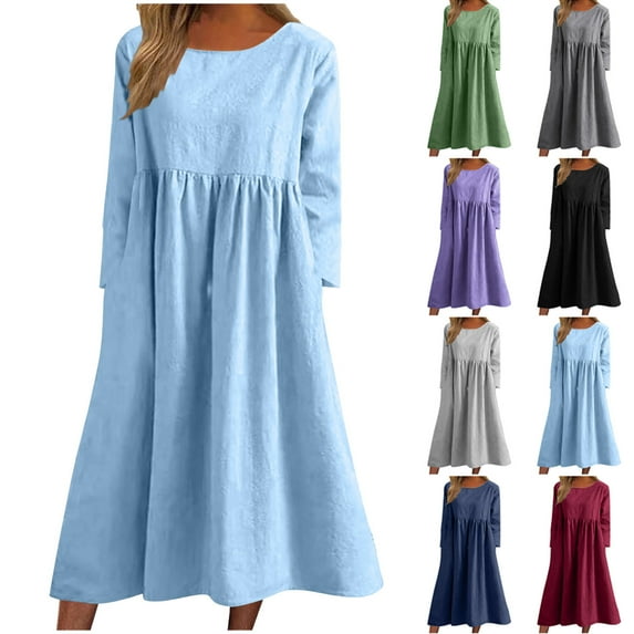 Elainilye Fashion Long Dresses for Women Solid Color Long Sleeved Round Neck Dress with Pocket,Gray