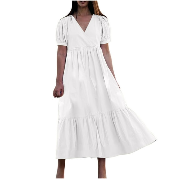 Elainilye Fashion Long Dresses for Women V-neck Loose Short Sleeve Solid Mid-Calf Dress Long Dress,White