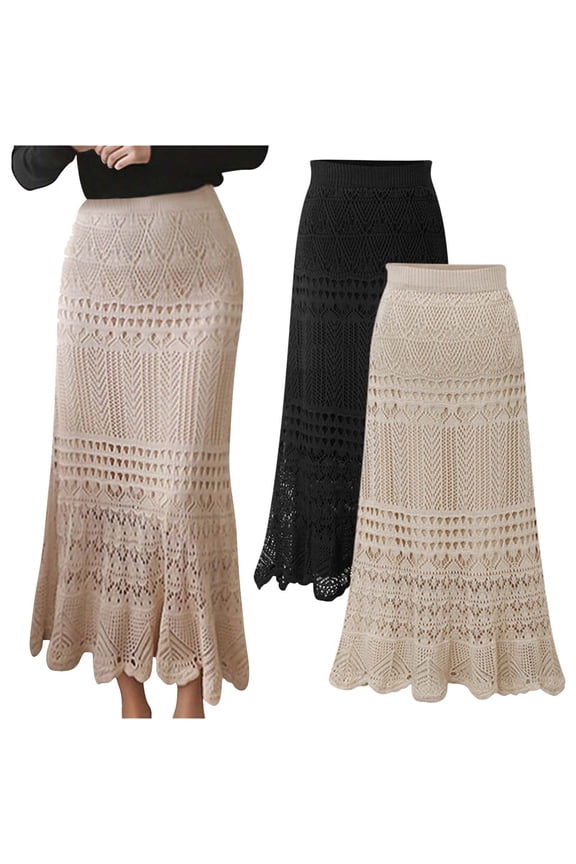 Fashion Long Skirts for Women Plus Size Mid-length Knitted High Waisted Loose Hollowed Out Skirts,Brown