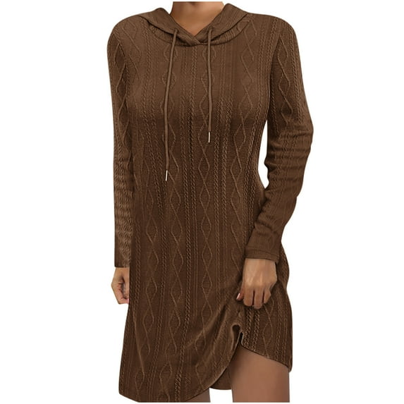 Elainilye Fashion Long Sleeve Dress for Women Casual Hooded Solid Long Sleeve Drawstring Solid Pullover Dresses,Brown