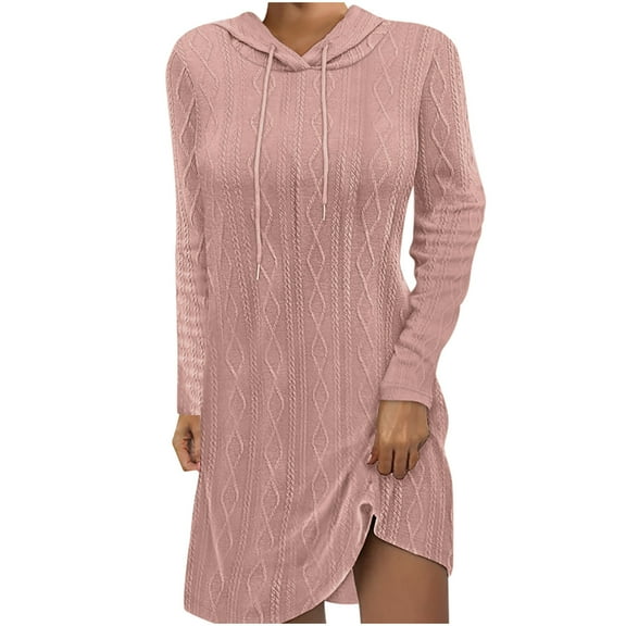 Elainilye Fashion Long Sleeve Dress for Women Casual Hooded Solid Long Sleeve Drawstring Solid Pullover Dresses,Pink