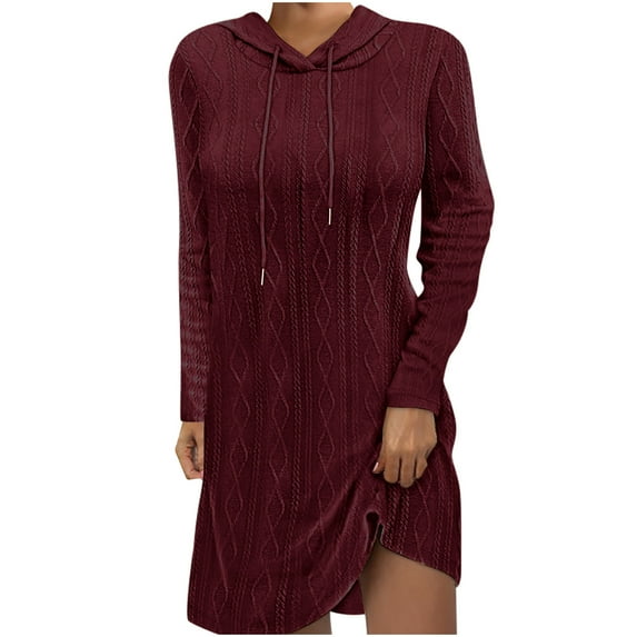 Elainilye Fashion Long Sleeve Dress for Women Casual Hooded Solid Long Sleeve Drawstring Solid Pullover Dresses,Red