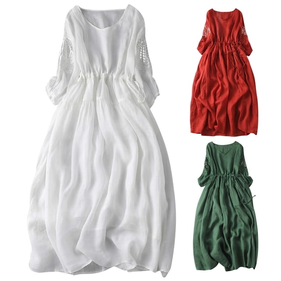 Elainilye Fashion Long Sleeve Dress for Women Hollow Out Embroidered Long Dress V-neck 3/4 Sleeves Cotton Linen Dress,Red