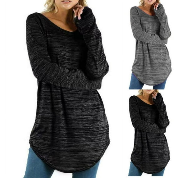 Elainilye Fashion Long Sleeve Shirt Women Plus Size Solid Color Long Slim Top Round Neck T-shirt Tops,Black