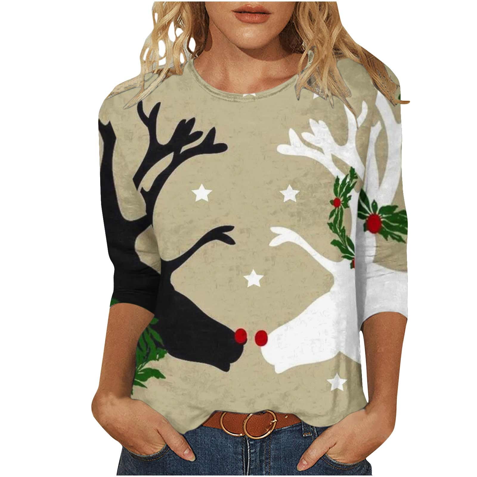Elainilye Fashion Long Sleeve Shirts For Women Christmas Printed T-shirt  3/4 Sleeves Blouse Round Neck Casual Tops,Beige 