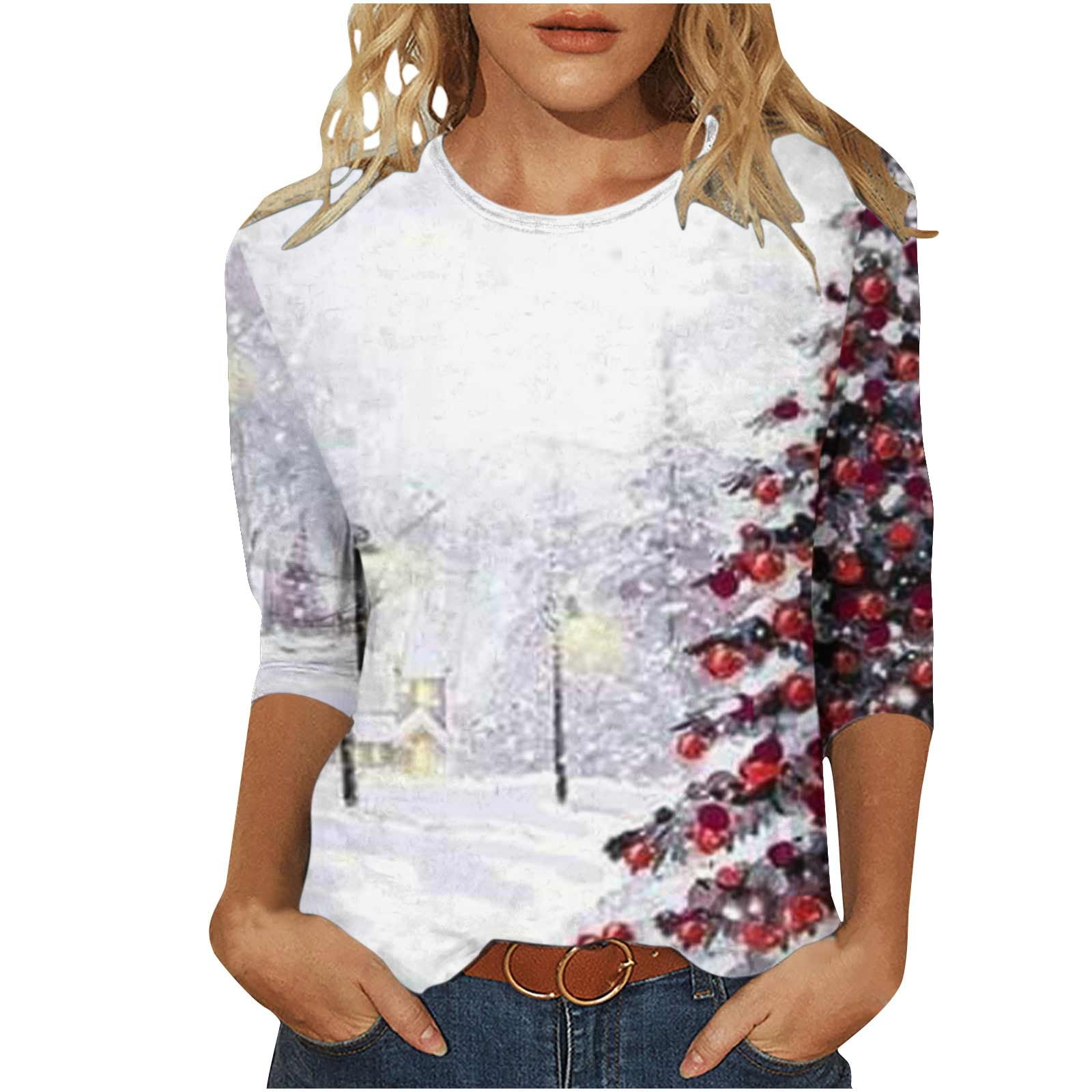 Elainilye Fashion Long Sleeve Shirts For Women Christmas Printed T-shirt  3/4 Sleeves Blouse Round Neck Casual Tops,Beige 